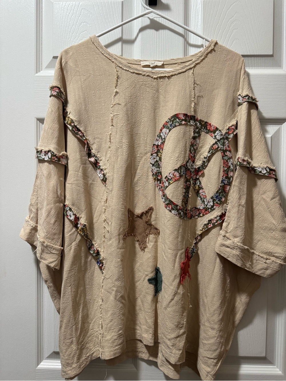 easel Cream Boho Peace Sign Tunic with Floral Trim